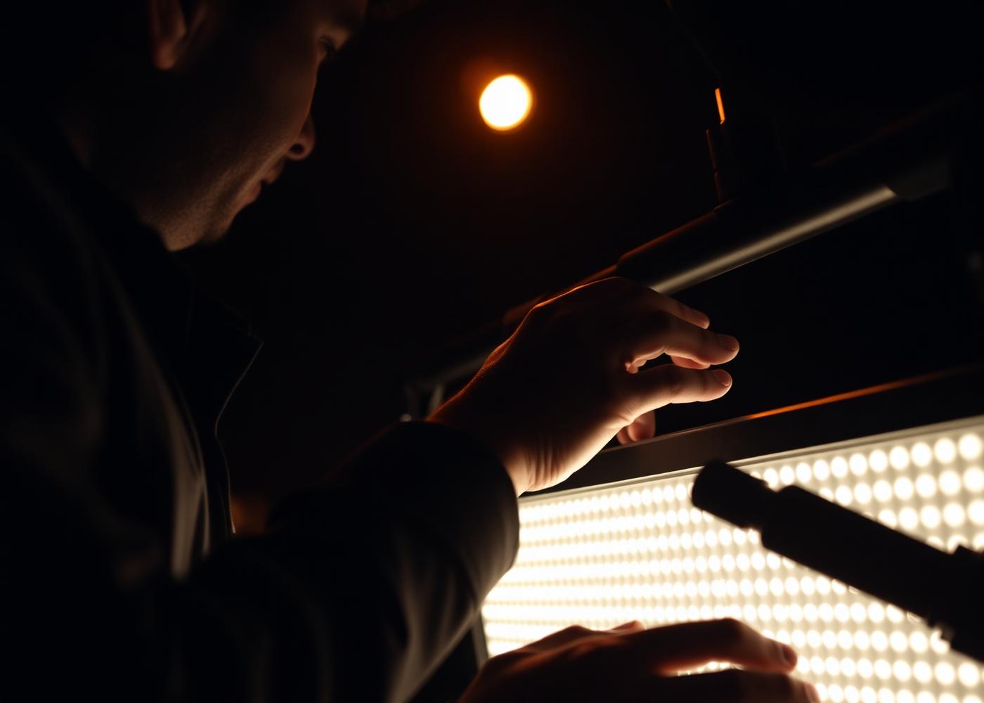 Gaffer adjusting a cinema LED panel